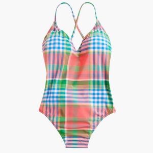 NWT J.Crew Madras Plaid Multicolor Lace-Up Back One-Piece Swimsuit